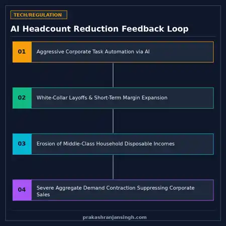 Diagram showing how AI layoffs reduce household income, suppressing consumer demand and corporate revenue