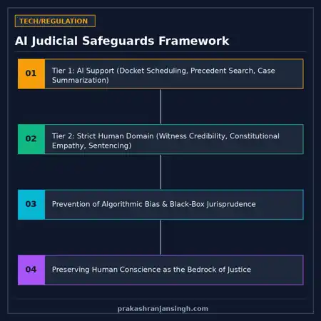 Diagram showing the two-tier model of AI judicial assistance: automated administration vs human ethical judgment
