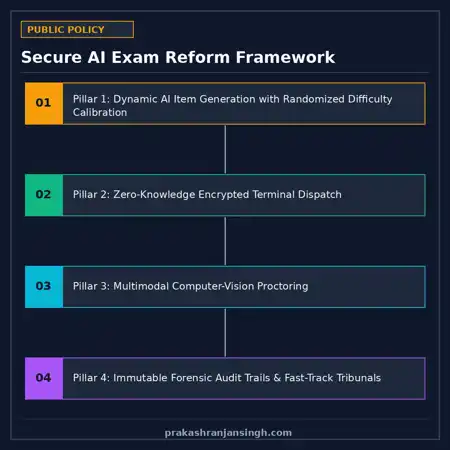 Diagram showing 4 pillars of secure exam architecture: dynamic AI items, encryption, proctoring, audit