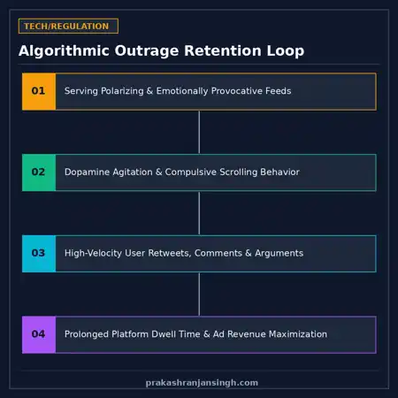 Diagram showing the 4-stage algorithmic retention cycle: trigger content, outrage, engagement, ad monetization