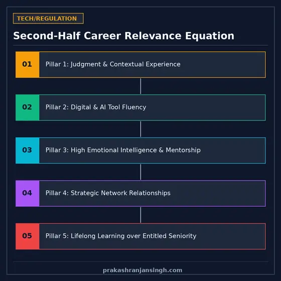 Diagram of the career relevance formula balancing experience, digital skills, and adaptability