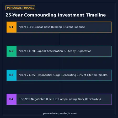 Chart illustrating exponential compounding timeline showing majority of gains in final years