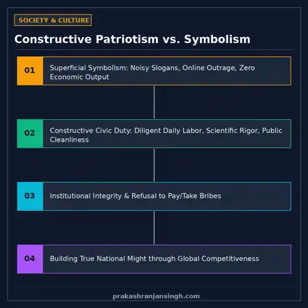 Diagram contrasting superficial symbolic nationalism with constructive civic patriotism