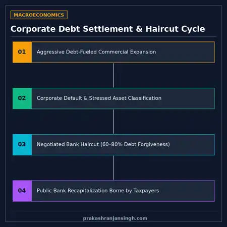 Diagram showing how corporate debt defaults lead to bank haircuts, recapitalization, and public absorption