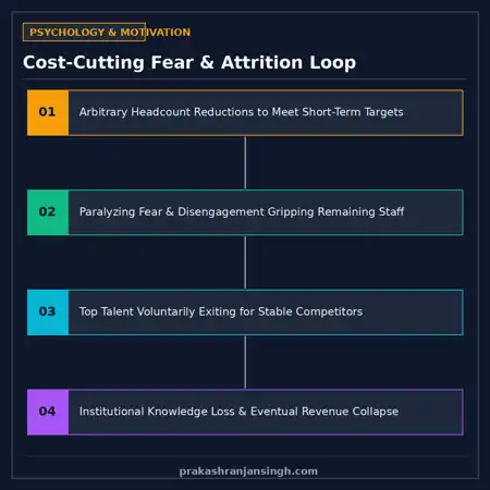 Diagram showing the 4-stage loop of aggressive cost-cutting, employee fear, talent loss, and revenue decline