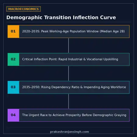 Infographic diagram mapping India's demographic transition timeline: peak youth window vs impending aging transition