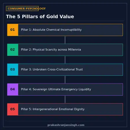 Infographic detailing the five pillars of gold's enduring psychological and economic value