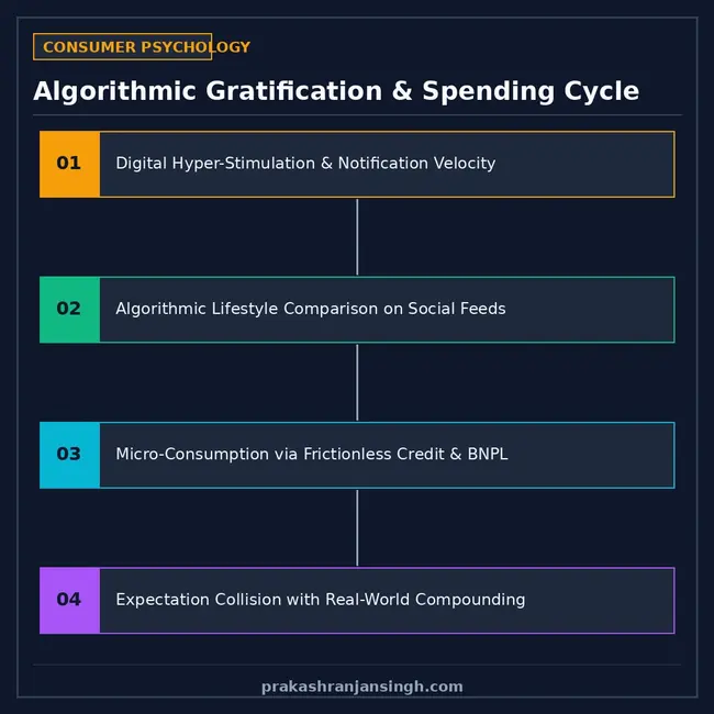 Flowchart diagram of algorithmic feedback loops driving instant digital gratification and debt.