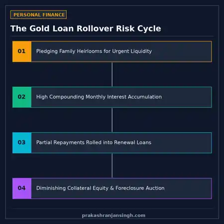 Diagram of the gold loan rollover cycle from initial pledging to compounding interest risk