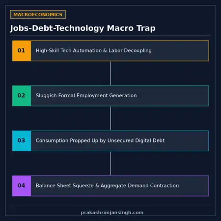 Triangular macroeconomic diagram of the Jobs-Debt-Technology trap impacting modern consumer demand