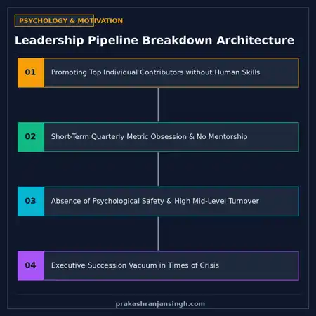 Diagram illustrating the failure points in corporate leadership succession from task execution to true mentorship