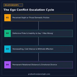 Diagram illustrating the self-reinforcing cycle of ego, defensive silence, and relational rift