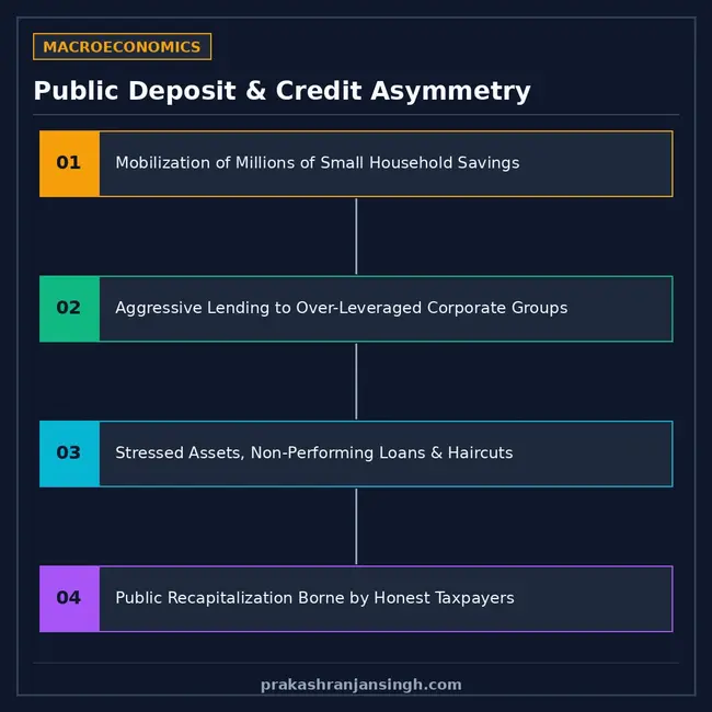 Infographic diagram mapping how small public deposits are leveraged into high-risk corporate debt