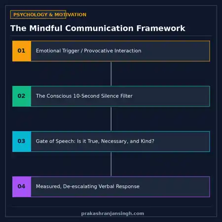 Diagram contrasting reactive communication cycles with disciplined mindful speech filters