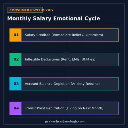 Diagram of monthly consumer debt cycle from salary euphoria to bill repayment and anxiety