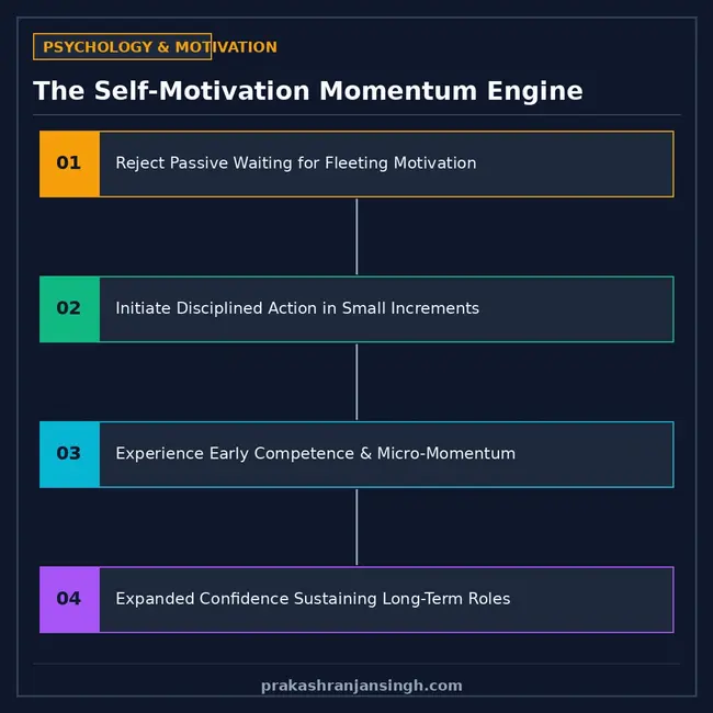 Diagram showing the self-motivation loop: Action leads to Momentum, Confidence, and Growth