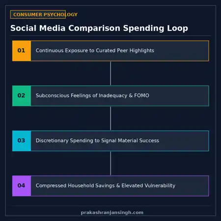 Infographic diagram tracing the cycle from social media exposure to perceived inadequacy and debt