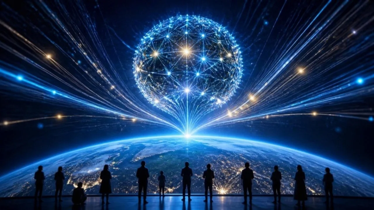 AI arms race: a glowing neural-network sphere above Earth with light streams racing toward it and people watching