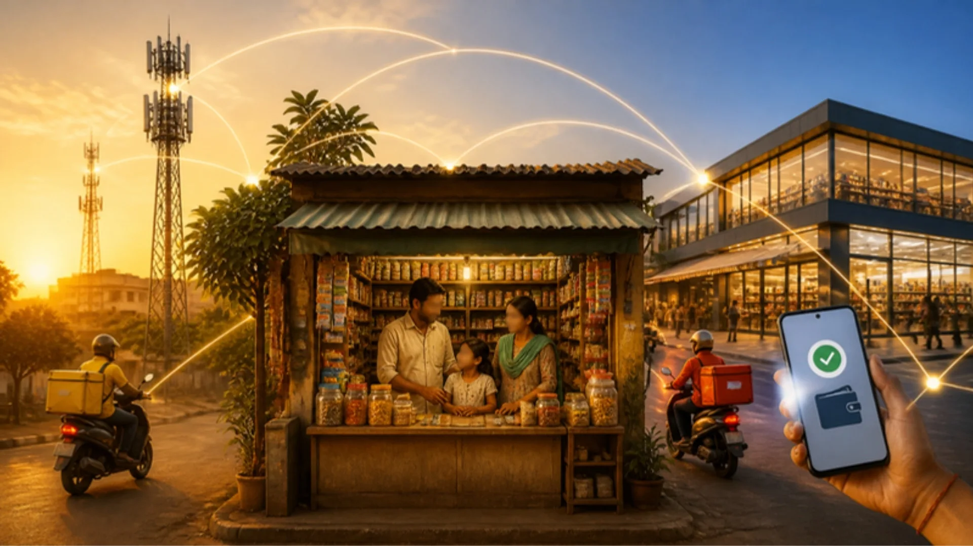 Family-run kirana shop at sunset with a mobile tower, a delivery rider, a modern retail store and a phone showing a payment, illustrating the Ambani business strategy ecosystem for small businesses