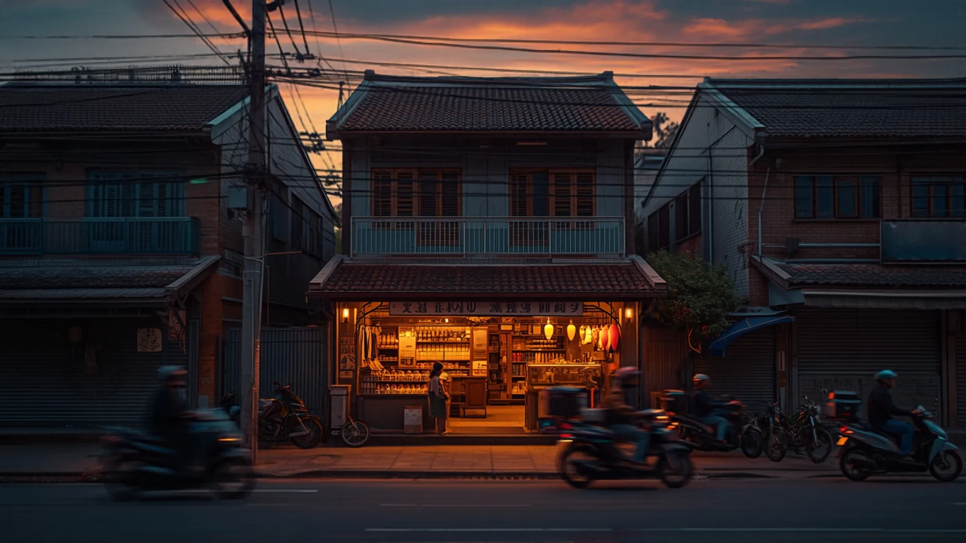 Small neighbourhood shop glowing at dusk as motorbikes pass, illustrating the Ambani business strategy for small business