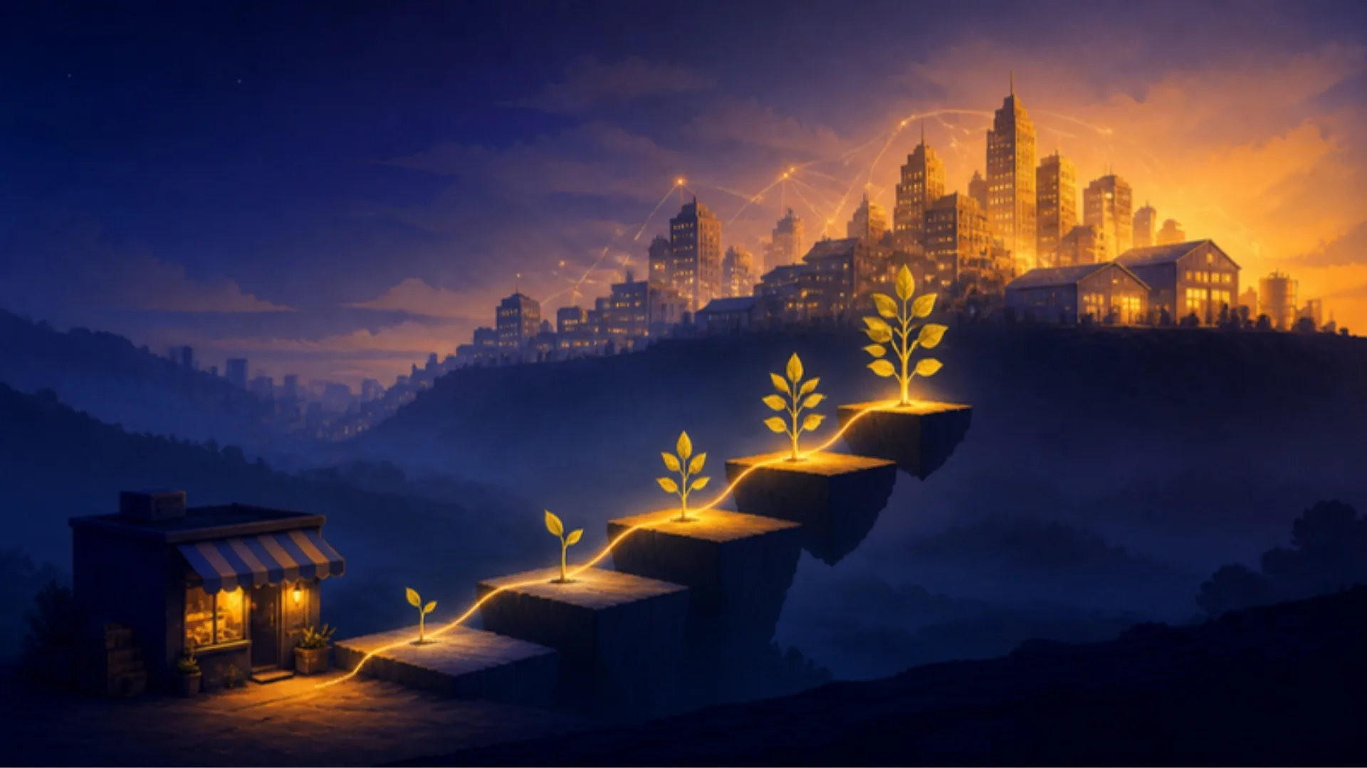 Small shop at the bottom of glowing steps with a sapling growing on each step toward a lit city skyline, showing staged business growth in the Ambani strategy