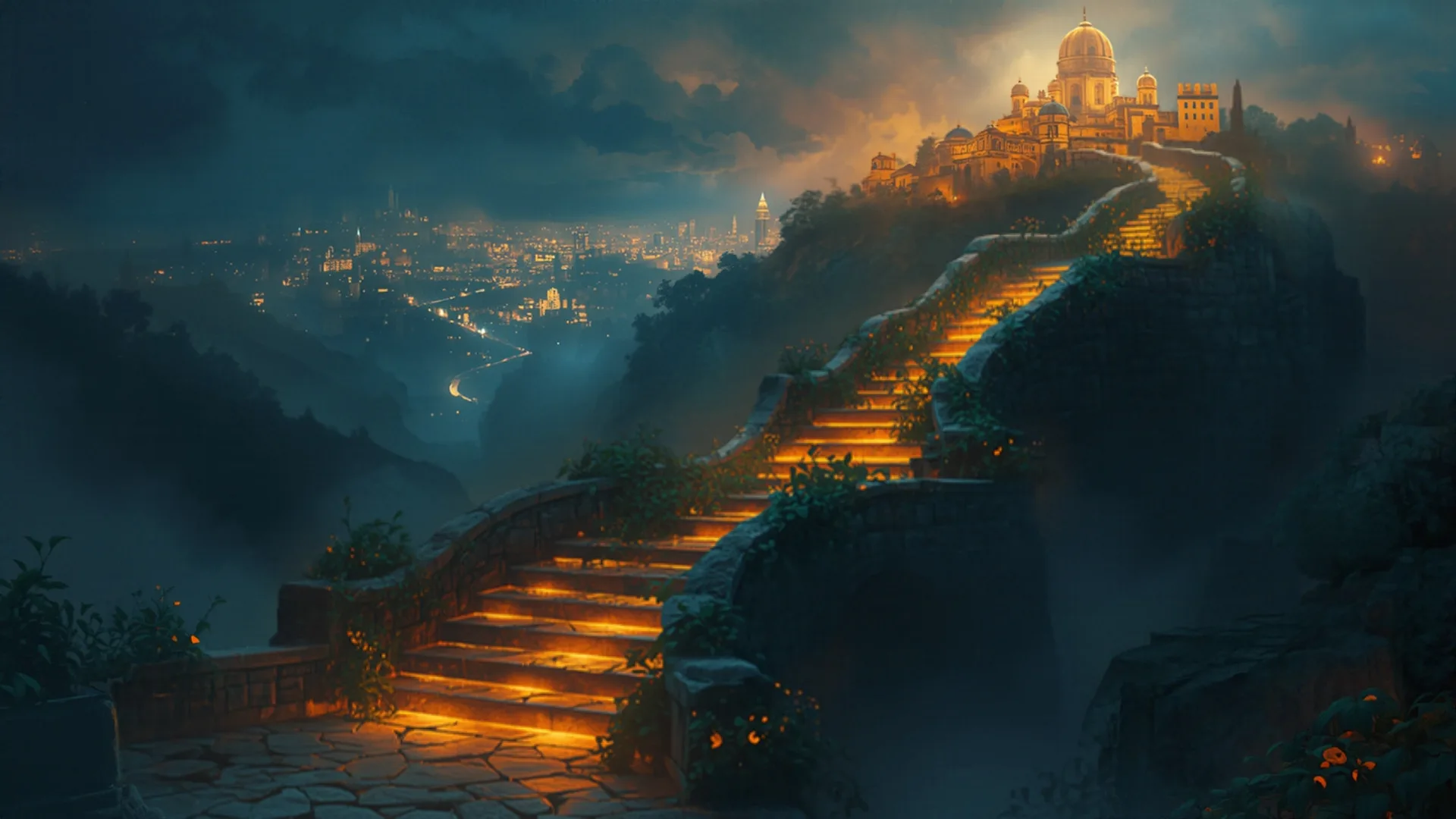 Glowing staircase climbing toward a golden palace above a city, representing staged business growth in the Ambani strategy