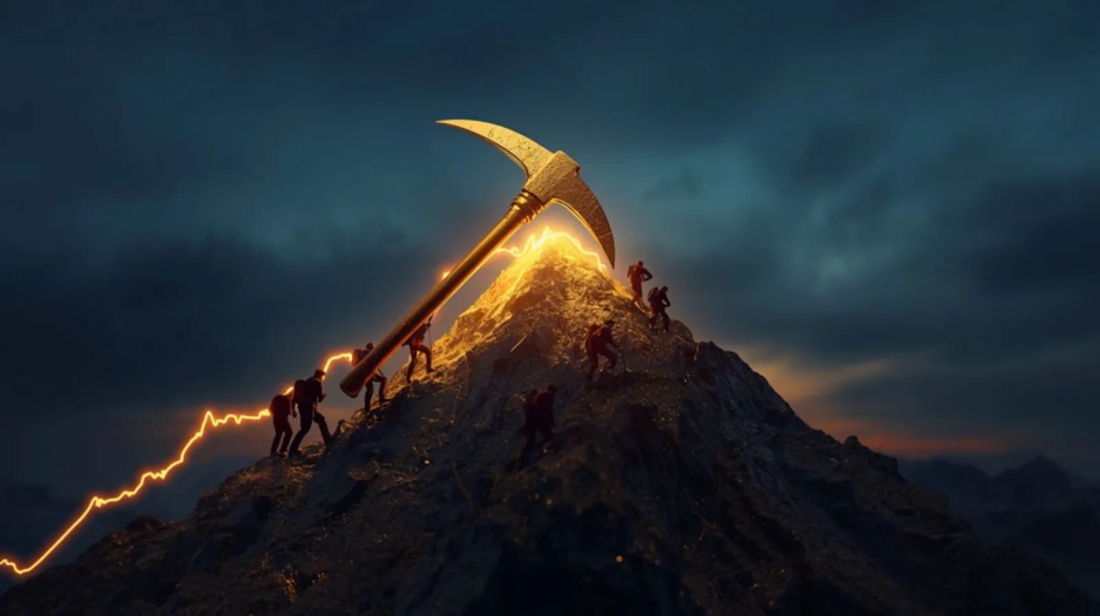 Anthropic IPO and the AI gold rush: a golden pickaxe on a glowing circuit-board mountain with a rising market line