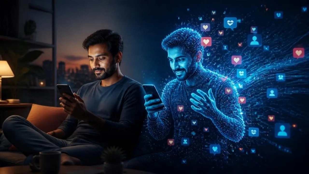 Digital clone: a man on his phone beside a glowing digital silhouette of himself made of social-media icons and data