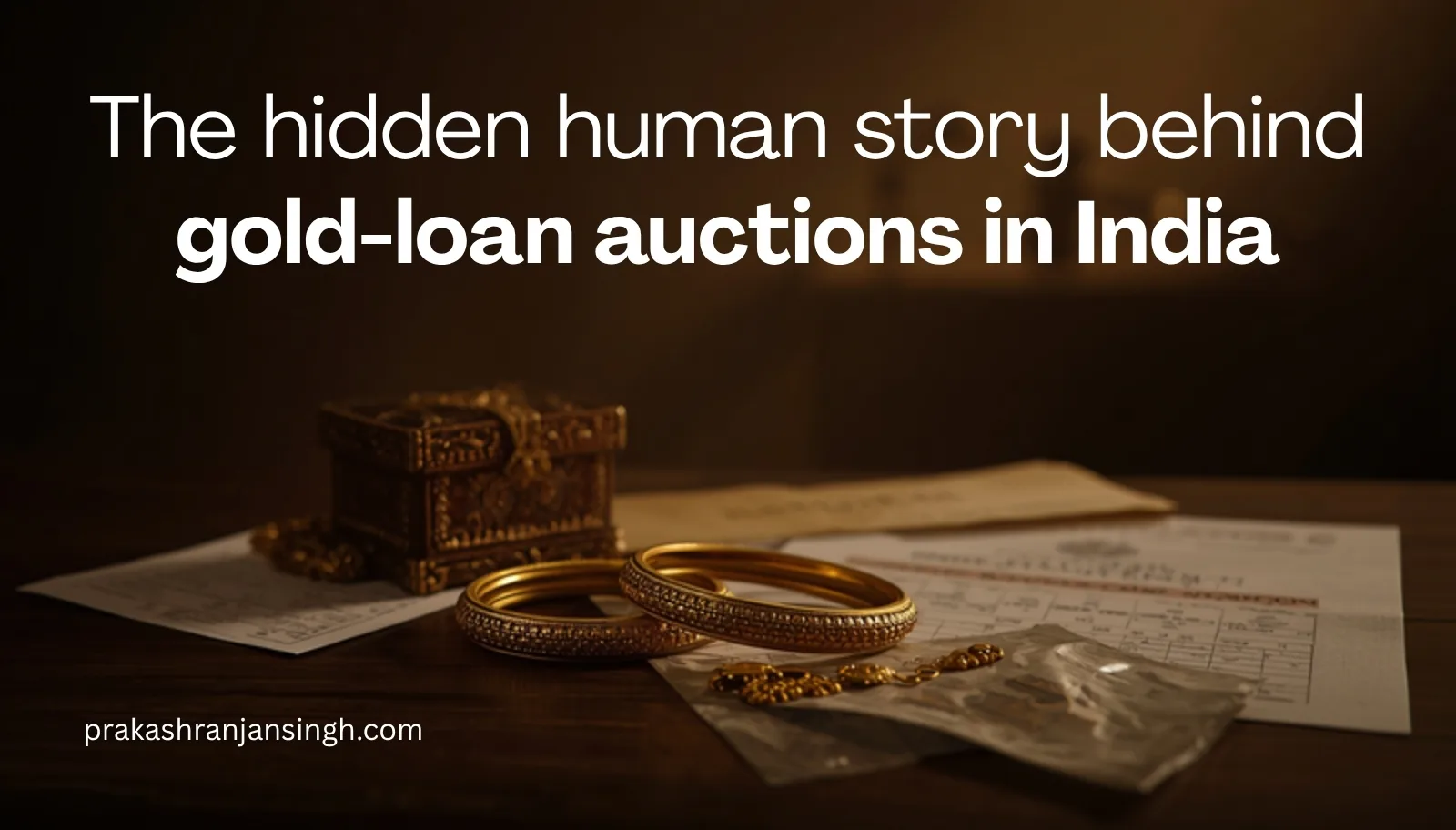 Gold loan auction in India: pledged gold bangles and loan documents on a table