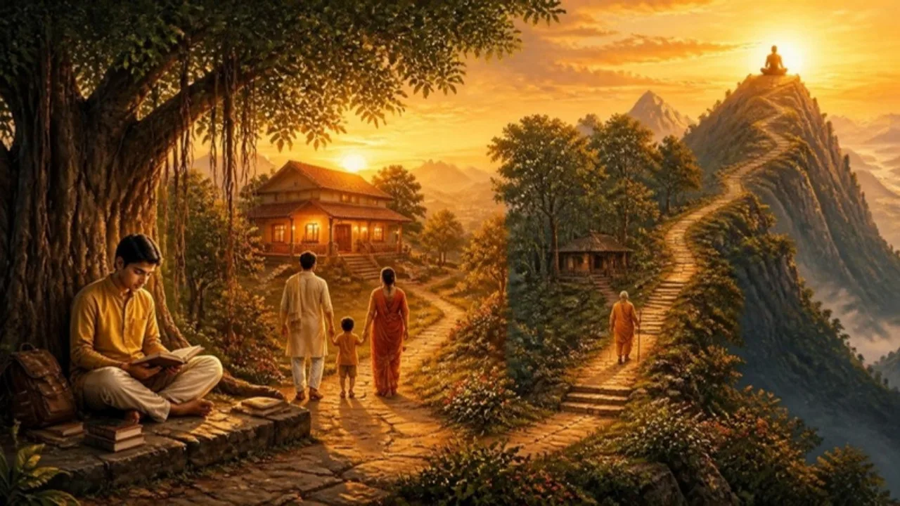 चार आश्रम: जीवन के चार चरणों से गुज़रता घुमावदार रास्ता, बरगद के नीचे बैठे विद्यार्थी से लेकर सूर्योदय में पर्वत शिखर पर ध्यान करते साधक तक