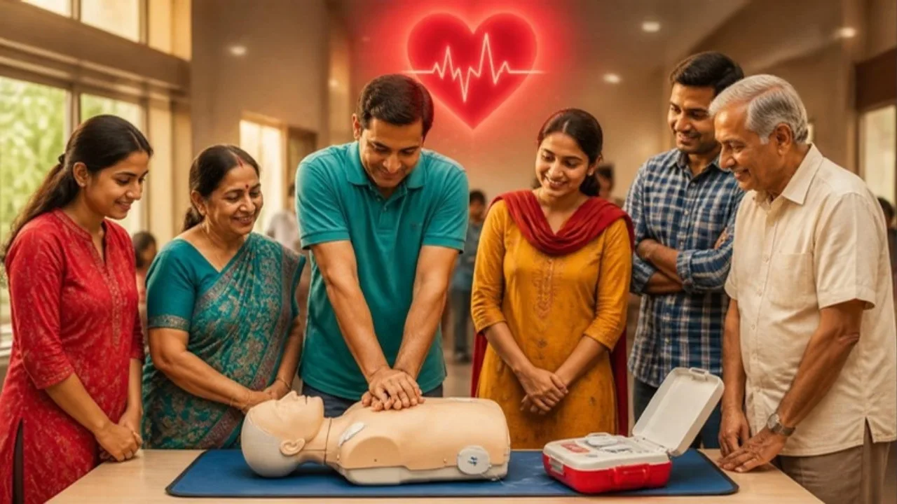 हार्ट अटैक प्राथमिक उपचार: प्रशिक्षण मैनेकिन पर हैंड्स-ओनली CPR सीखते लोग, पास में AED रखा है