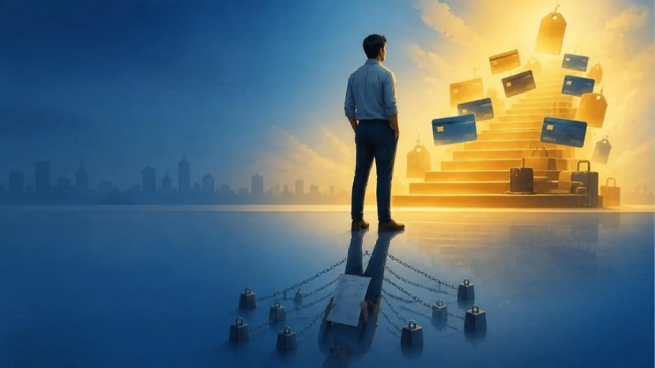 Illusion of affordability: a salaried professional faces a golden staircase of credit cards while small EMI weights chain him down