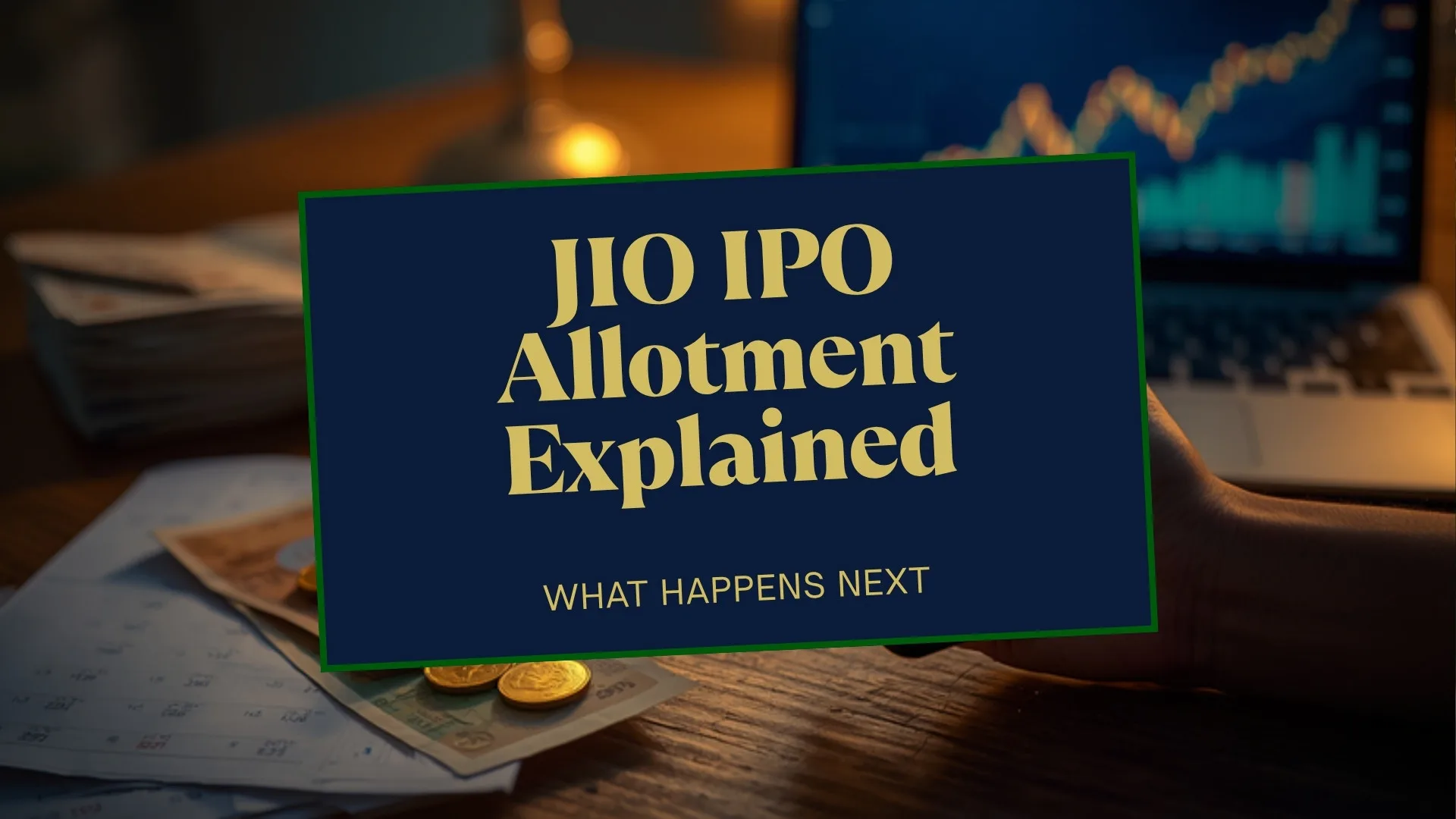 Jio IPO allotment status explained: headline card over a desk with a laptop stock chart, rupee notes and gold coins