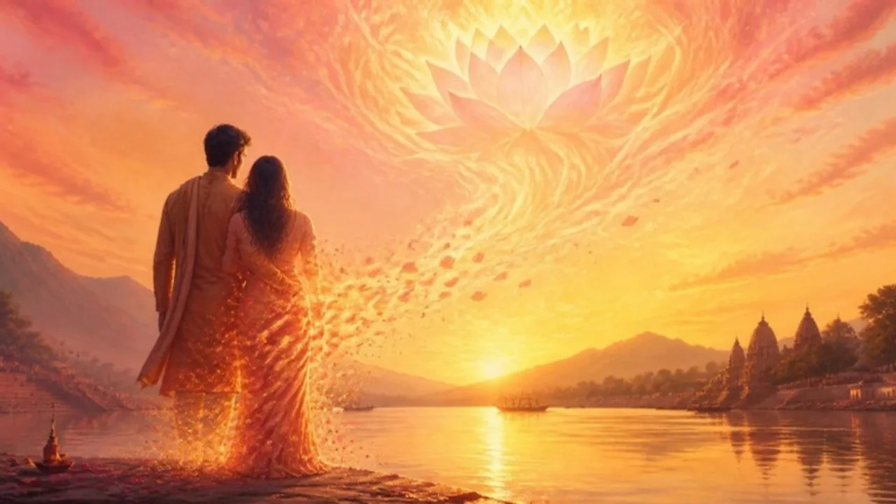 Love and spirituality: a couple at a dawn riverbank dissolving into golden light and a rising lotus