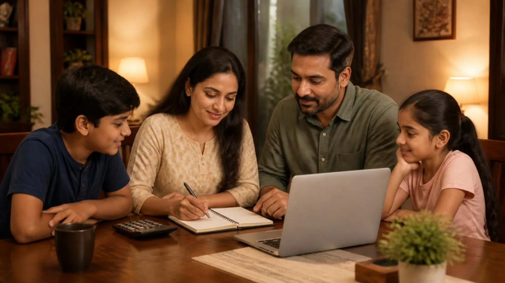Indian family reviewing monthly expenses at a dining table to plan finances after a Microsoft voluntary exit offer