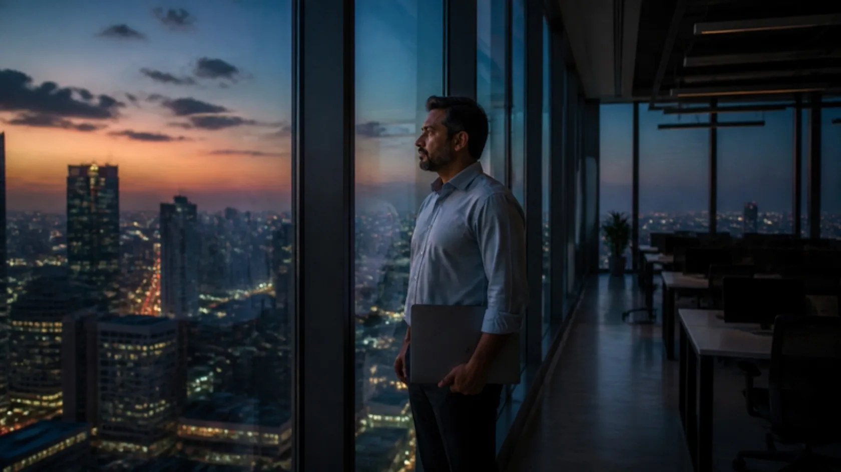 Professional holding a laptop and looking out of an office window at dusk, reflecting on the Microsoft voluntary exit offer