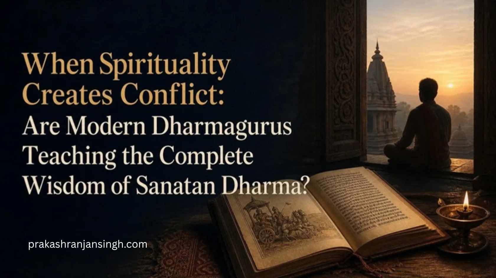 Modern Dharmagurus and Sanatan Dharma: a seeker meditating at sunrise beside an open scripture and oil lamp