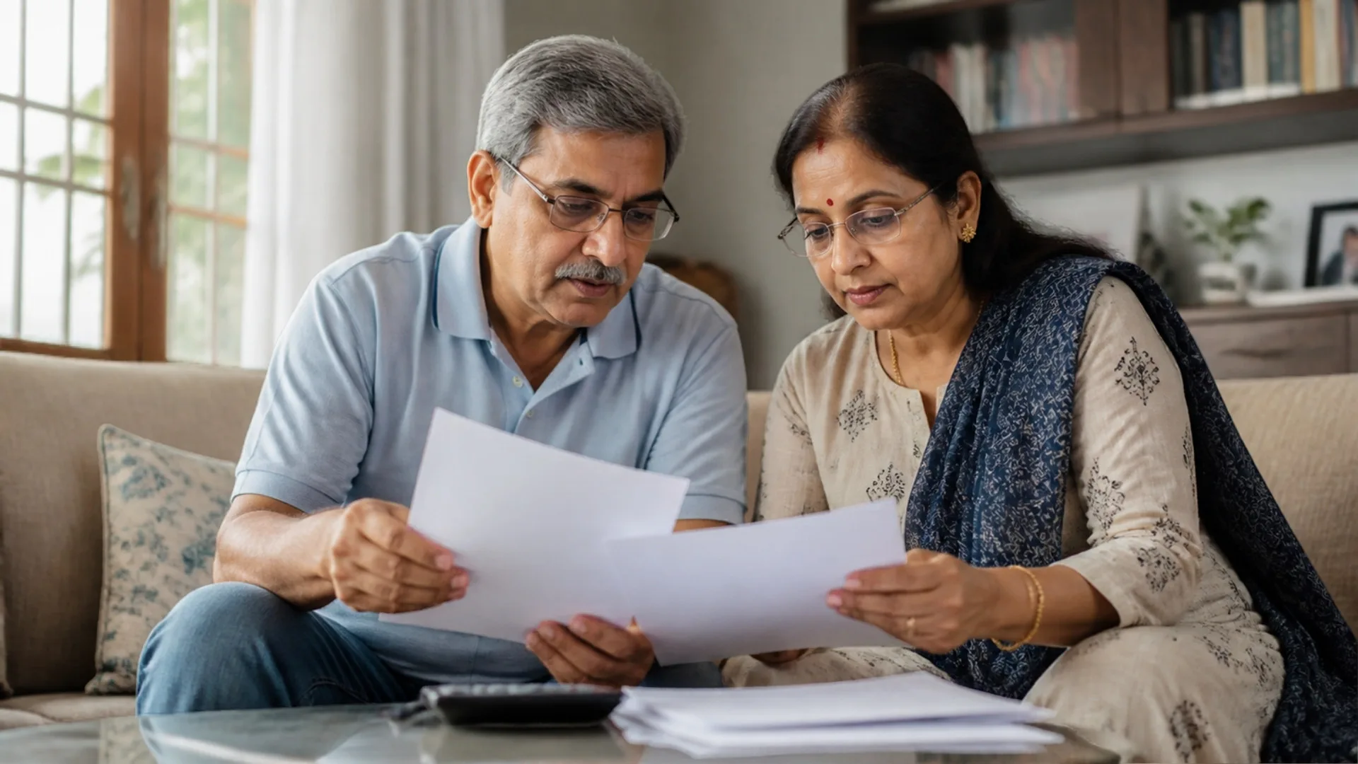 Older Indian couple reviewing documents together at home to understand NPS withdrawal rules