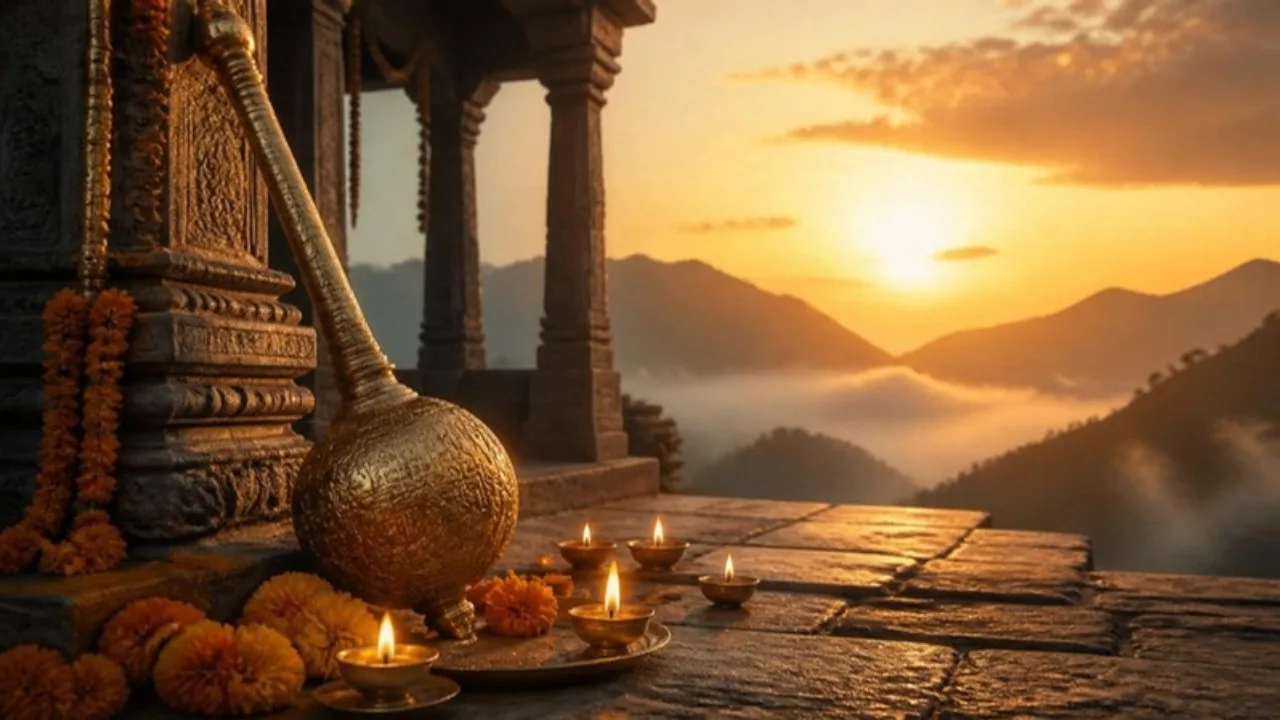 Mountain temple at sunrise with a traditional mace and oil lamps: psychology of Hanuman Ji