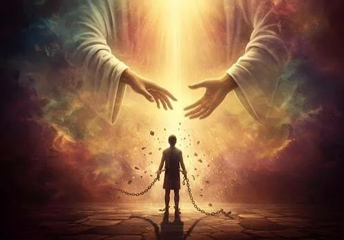 Chained figure reaching toward guiding hands of light, illustrating dependency on spiritual teachers